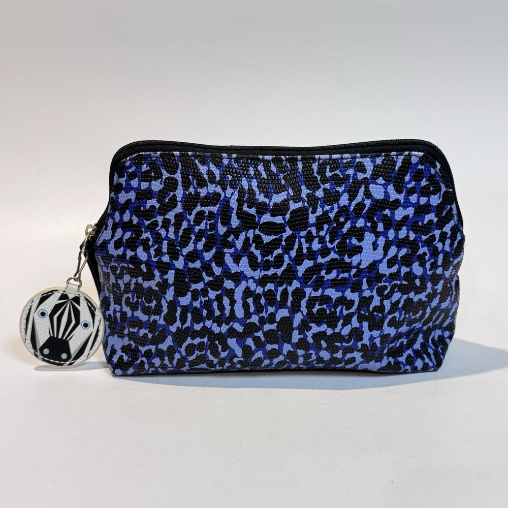 Estee Lauder Textured Blue Black Animal Print Cosmetic Makeup Bag w Zebra Tassel